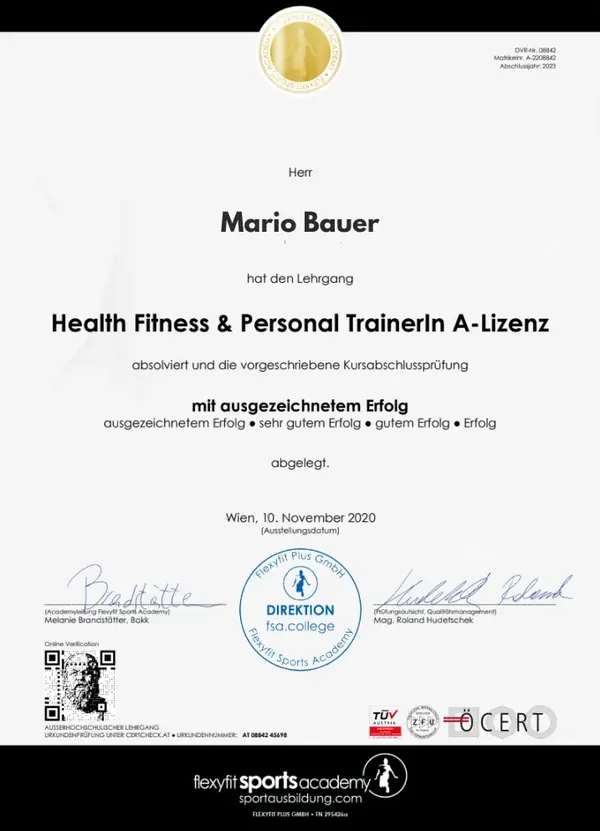Urkunde Health Fitness & Personal Trainer A-Lizenz von Mario Bauer